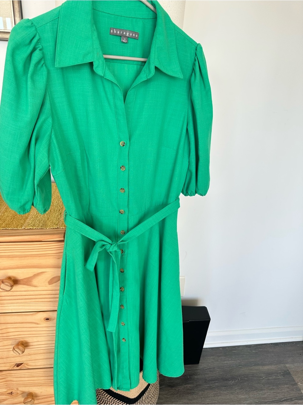 Sharagano Bright Emerald Green Button-Front Midi Shirt Dress